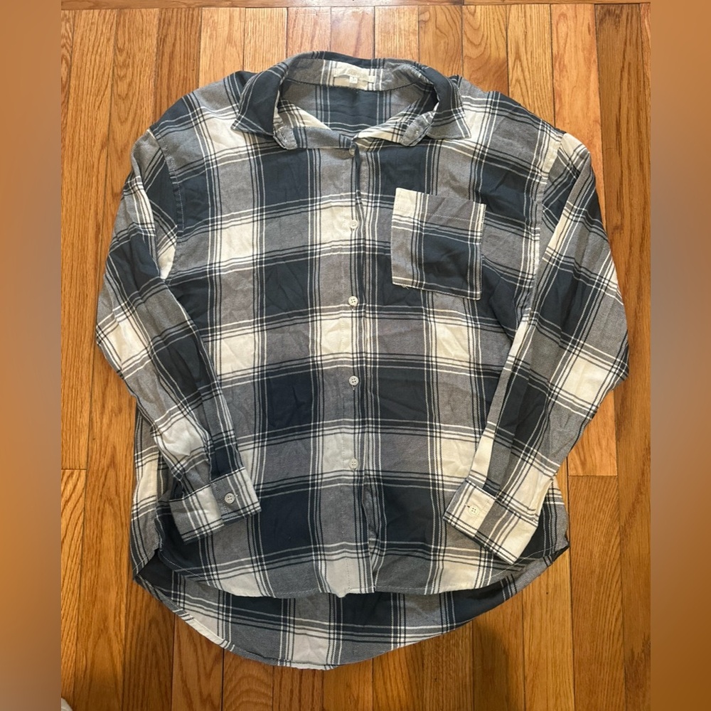 Z SUPPLY Shirt Womens Small Blue Gray Plaid Button Up Pocket Soft Long Sleeve